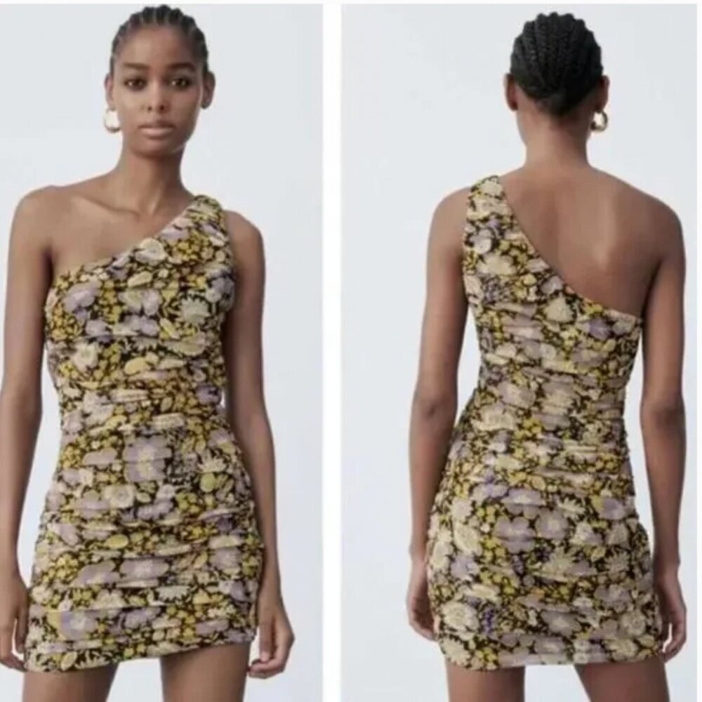 Zara colorful floral one shoulder mini dress